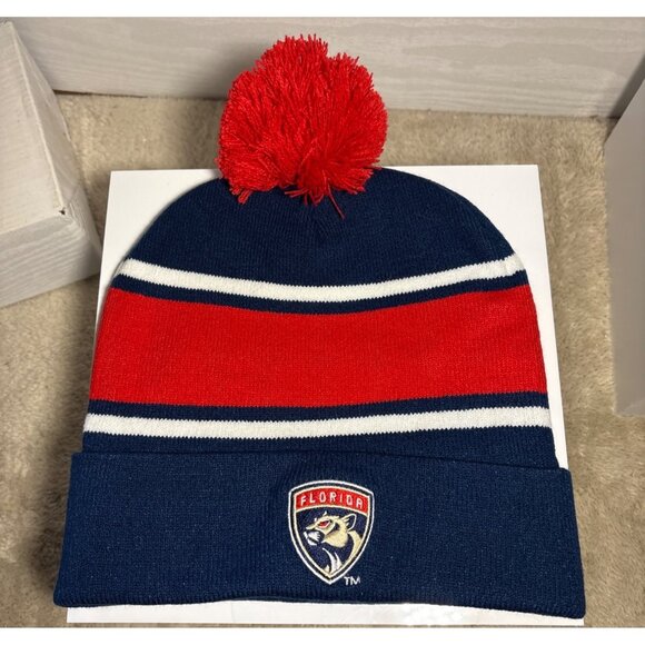 Florida Panthers & BMW Knit Beanie Hat Red & Blue Stripes W/ Pom Pom Winter Cap - Picture 4 of 4